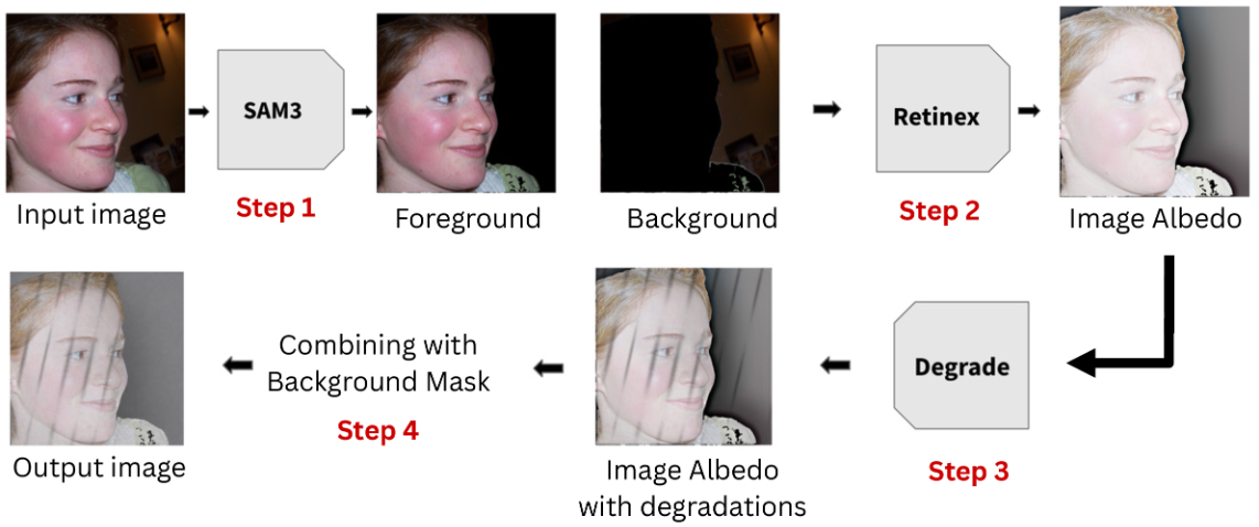 Overview diagram of the data engine: filtering, segmentation, albedo, degradation, and instruction generation
